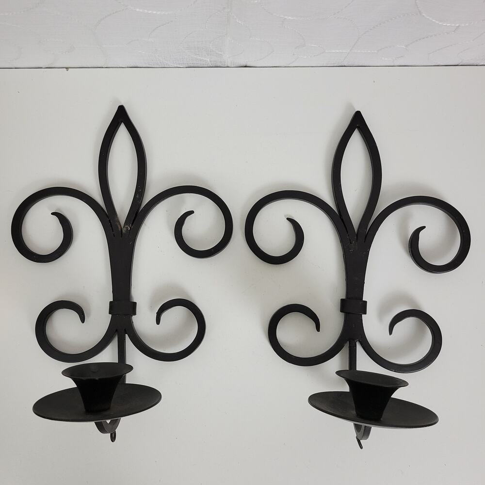 Wrought Iron Fleur de LIS Candle Holder Black Metal Wall Hanging Home Decor 2pcs